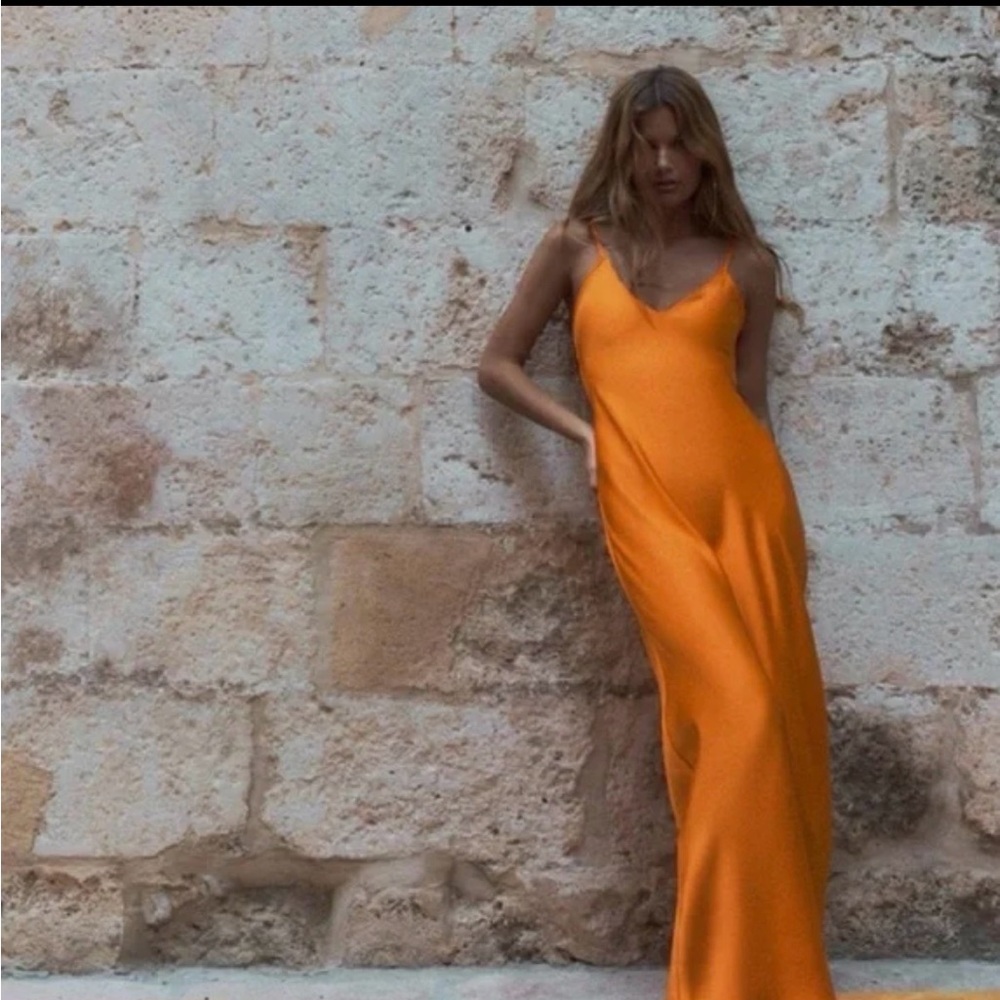 Zara Satin Effect Orange Midi Slip Dress